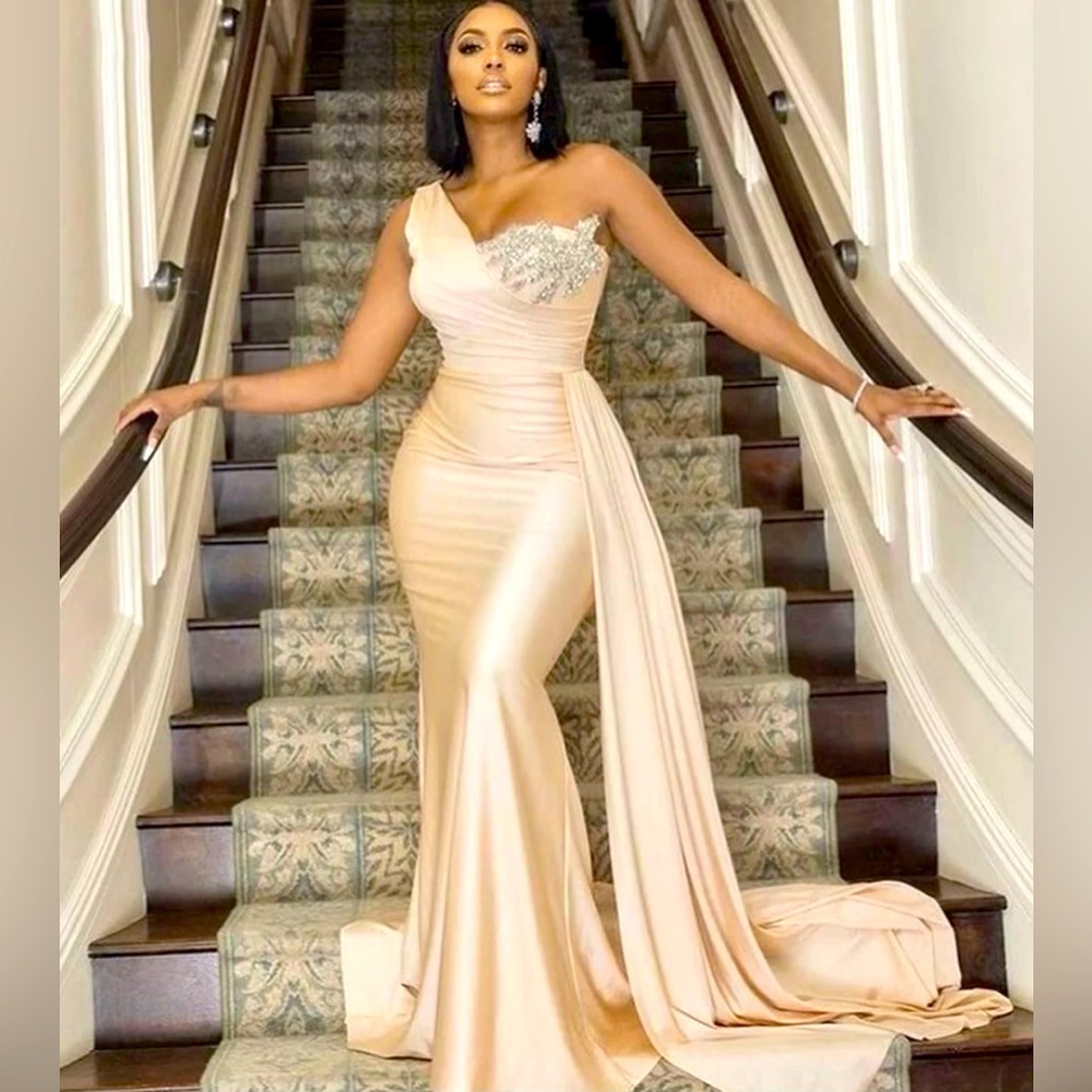 Crystal One Shoulder Champagne Satin Bridesmaid Dress